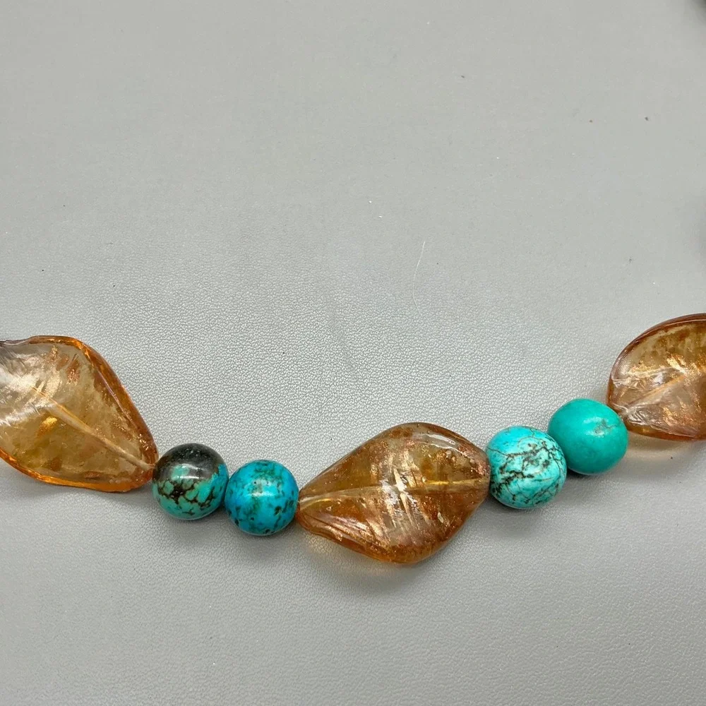 Necklace Turquoise Blue Amber Beaded Shell Gold Foil Long Boho Statement 30